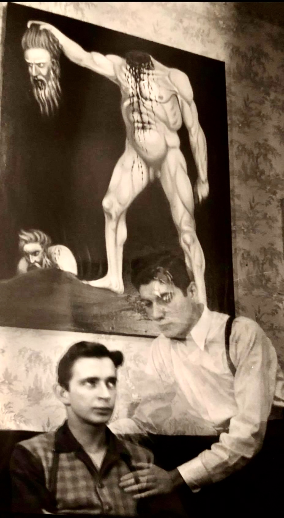 Sal Terracina experimenting with double exposures with one of his paintings in the background 1929