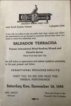 This is a Original ad from 81 years ago Sal Performed there and two other clubs that were operated by Frank Costello which was cousins with Sal‘s father Luigi Sal did a lot more than just a play the piano and read minds he was probably one of the first gay mobsters