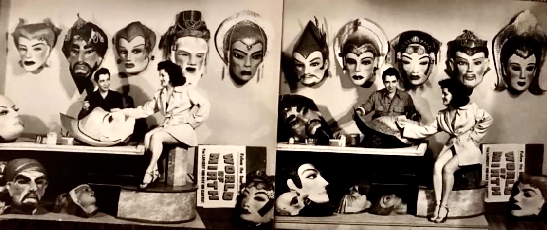 What you’re looking at here is a very interesting two photos same day same location the only difference is Sal change the masks on the wall and the floor this was his mask studio in 1949 when he traveled with the world of mirth a Bizzarre traveling carnival This was his own trailer that opened up he would do mind reading acts out of it it would close down at night so he could sleep in it and have a little mask parties with the midgets and burlesque girls he told me some crazy stories Anyway this photo is from 1949 like I said but all those masks on the wall were made in the mid 30s but the New York worlds fair and 1939 sal traveled with this carnival for two years even did a magazine for them there’s going to be some crazy chapters about this place in our book in the Terracina Masquerade