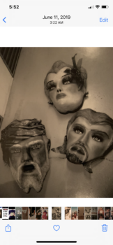 This was the day our 65 masks arrived from New York tour a house here in Florida they’ve been in storage for six years before that I had them in my studios for 12 years these three right here were created by my great uncle Sal in the mid-30s there over 80 years old and as far as special powers they got them they were used in his mind reading eggs and photography Studios what makes them unique is the ingredients in the papier-mâché mix pyramid scrapings from Egypt, Haitian voodoo dust, Cambodian opium, And secret potions from around the world we have a really cool mask room here but these three are separated throughout the house don’t stare at them too long they could really fuck with you if you deserve it