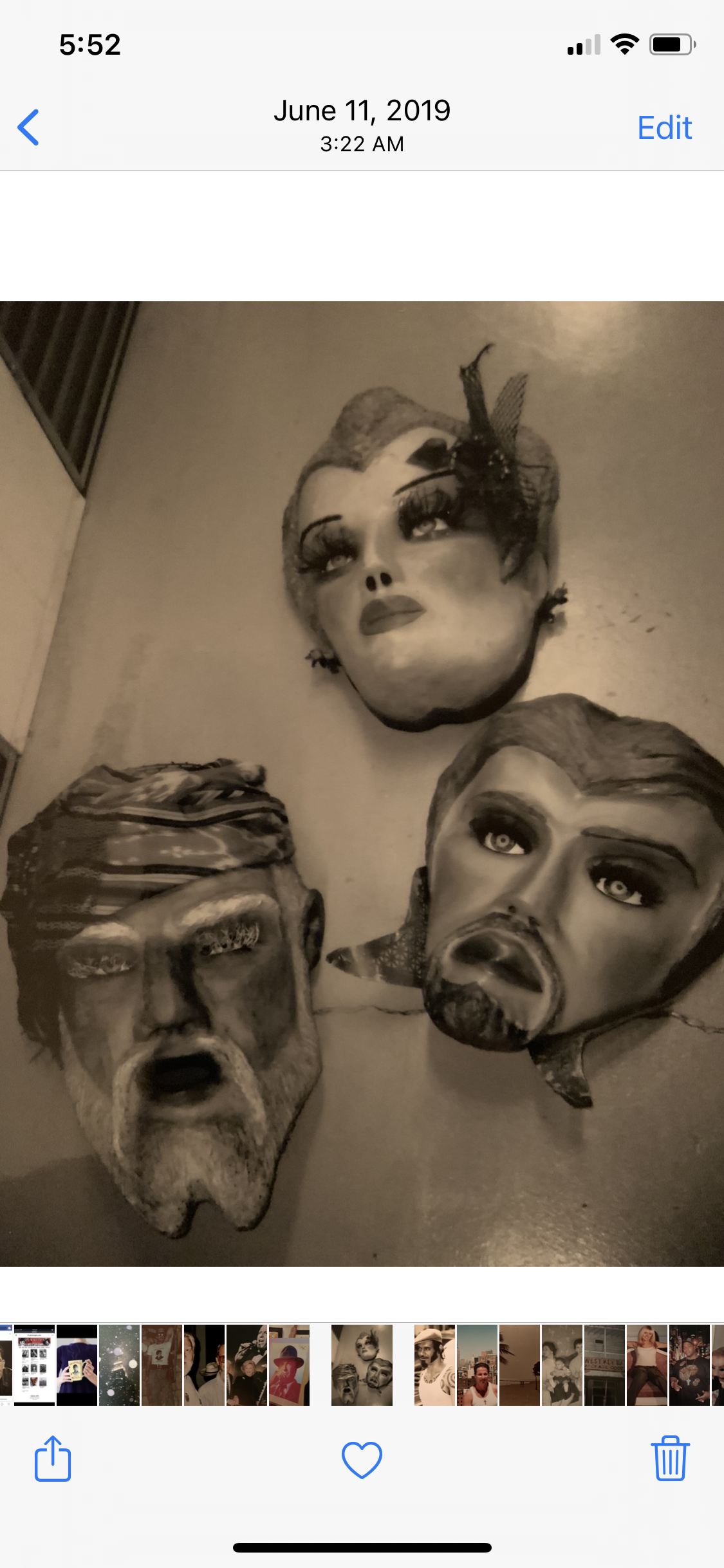 This was the day our 65 masks arrived from New York tour a house here in Florida they’ve been in storage for six years before that I had them in my studios for 12 years these three right here were created by my great uncle Sal in the mid-30s there over 80 years old and as far as special powers they got them they were used in his mind reading eggs and photography Studios what makes them unique is the ingredients in the papier-mâché mix pyramid scrapings from Egypt, Haitian voodoo dust, Cambodian opium, And secret potions from around the world we have a really cool mask room here but these three are separated throughout the house don’t stare at them too long they could really fuck with you if you deserve it