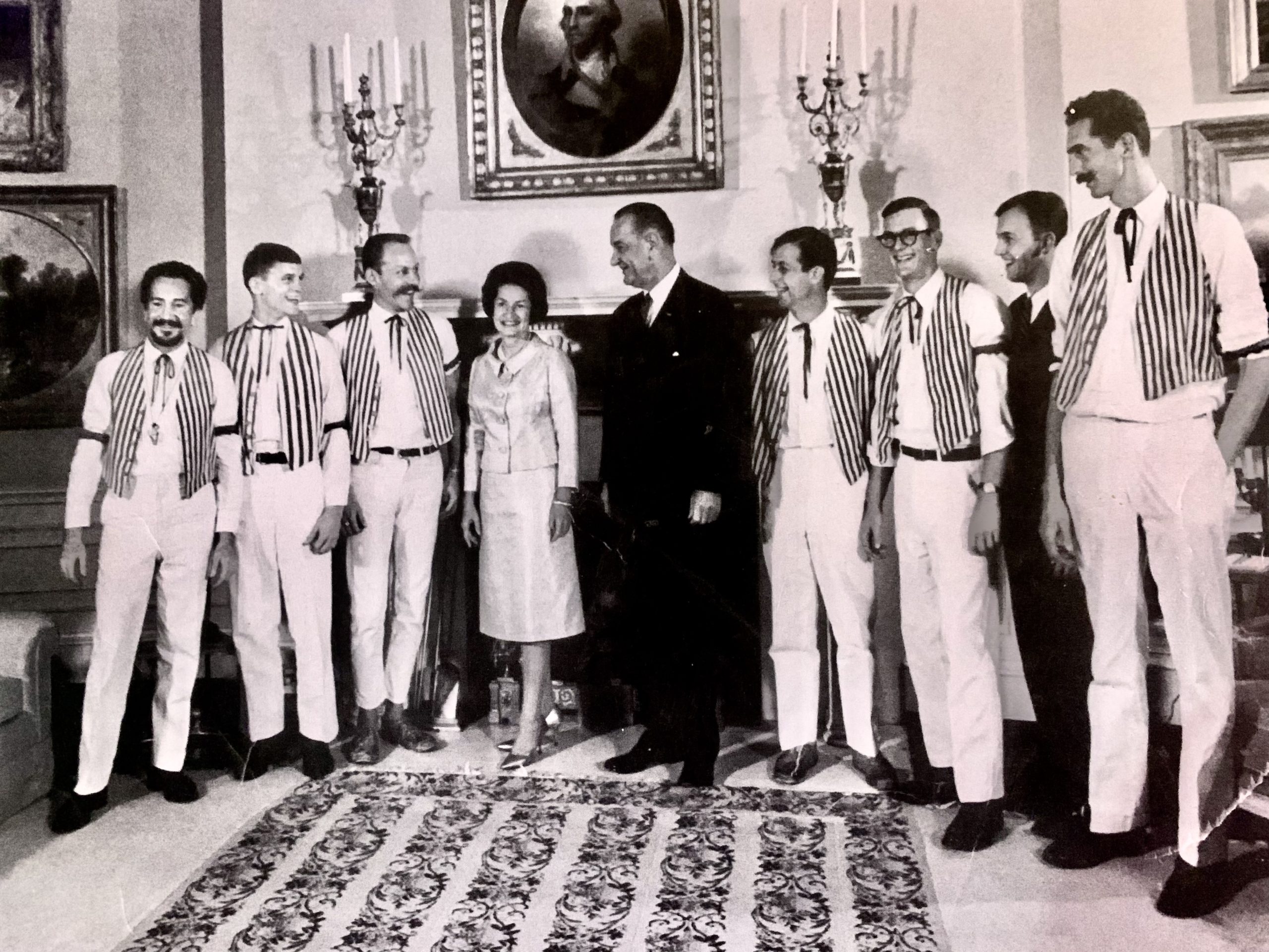 That’s my great uncle Joey on the left in the White House with President Johnson and the first lady great uncle Sal took this photo back in the 60s and early 70s uncle Joey was with this great band called your father’s mustache They played all the Yankee games Jackie Gleason Ed Sullivan and right here in the White House