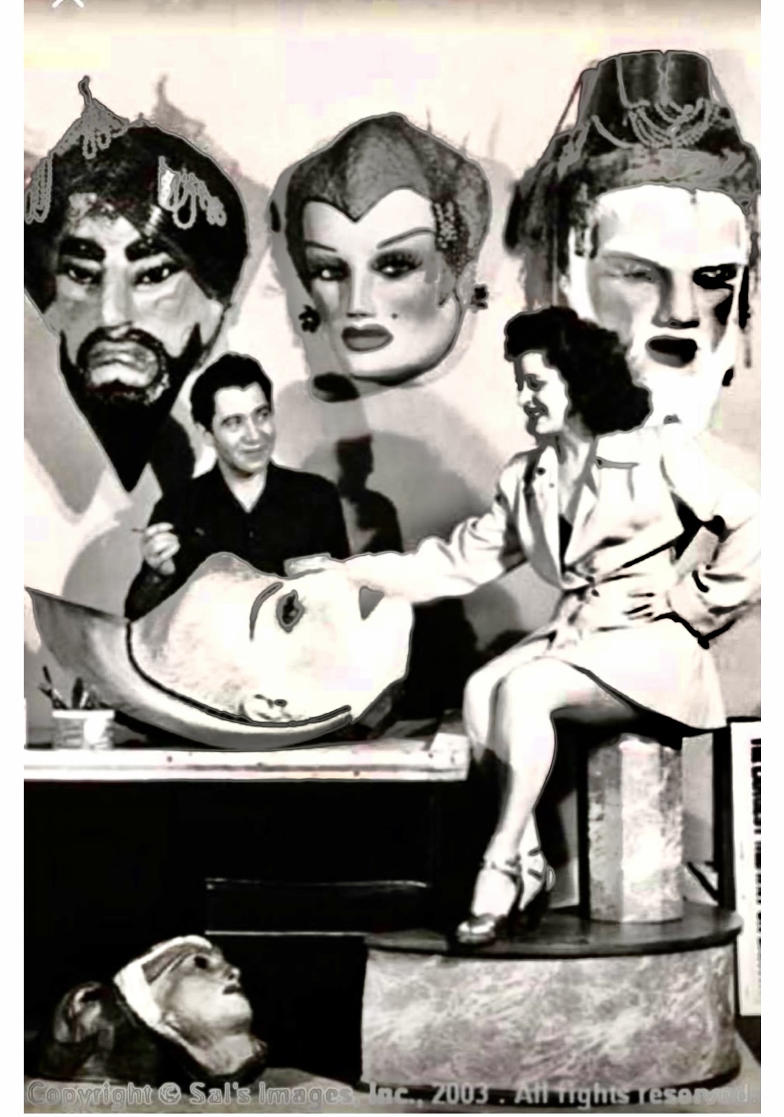 This photo was taken in 1949 when Sal had his mask photography studio when he traveled with the Bizzarre traveling carnival the world of mirth those three masks in the back Were made for the 1939 New York worlds fair they never made it somebody fucked up Sal’s contract sal found out who did it and did those people pay dearly don’t fuck with Sal Anyway these mass now for over eight years old the two on the right are with Lisa and I here in Florida with 56 others One is in our living room that’s the one in the middle called the bitch for a good reason the mask on the far right is Mr. Neptune I’m ask of knowledge the leader of the pack He actually has his own room A crazy pirate looking one who doesn’t get along with any of the other masks he still in New Jersey at my dads cousins house Lois I’m sure you all know that’s Sal working on a mask The cute Italian woman is my great uncle Luigi‘s wife Palma She passed away about 10 years ago 102 years old she had some stories b