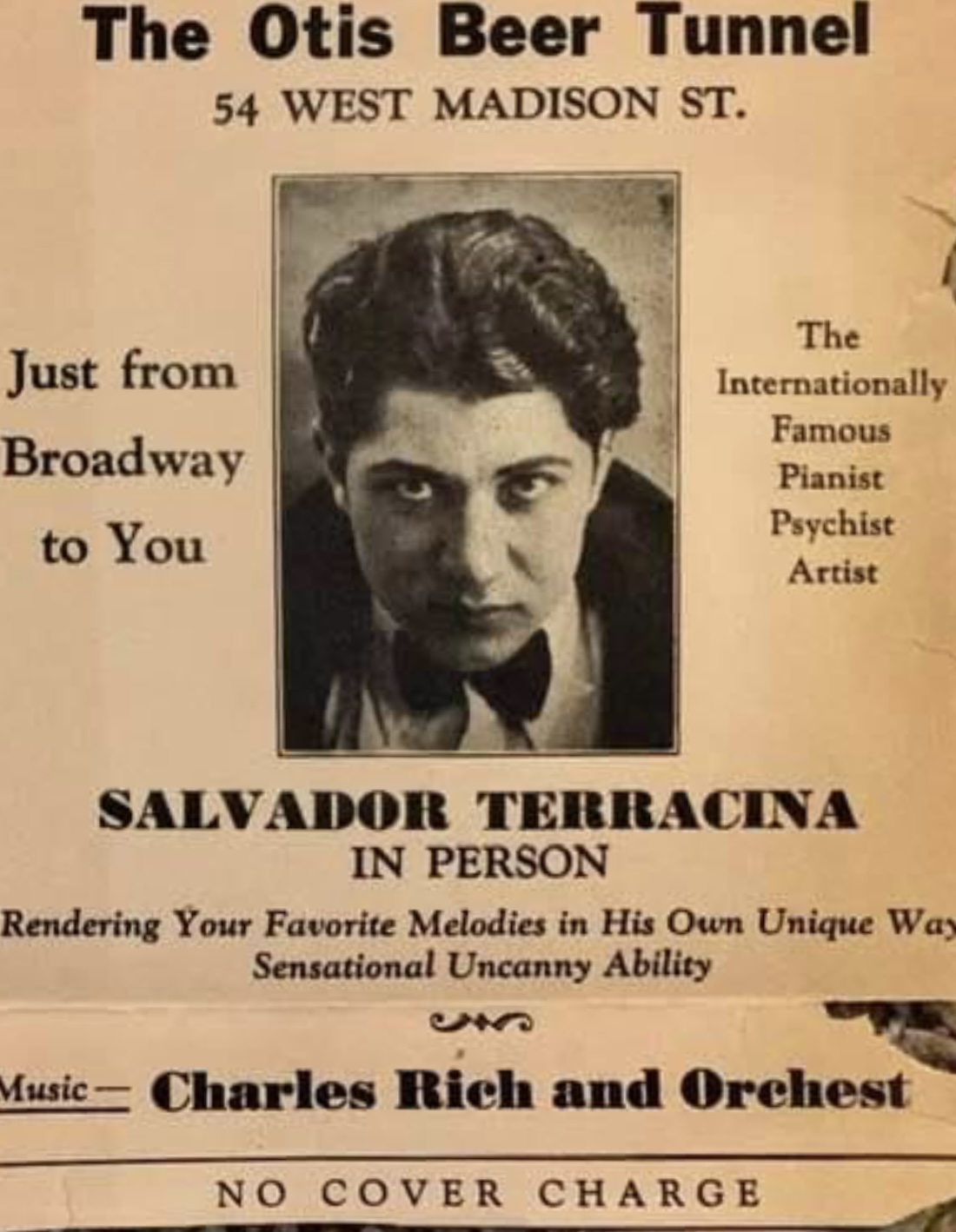 Things you may not know about my great uncle Sal who is featured in this category with his little brother Captain Tony and myself there is over 900 images in this category With some pretty wild stories all three of us were published photographers Sall had his first studio in 1928 he was 17 while he was taking pictures in his studio in New Jersey he was performing in night clubs In Chicago New York and Jersey he was booked as the worlds youngest mind reader This ad is from 1929 the club was operated by Frank Costello Chicago mob boss also Sal’s father’s Second-cousin Sal worked for three of his clubs in Chicago If you stay on this site you will be witnessing a birth of an incredible book